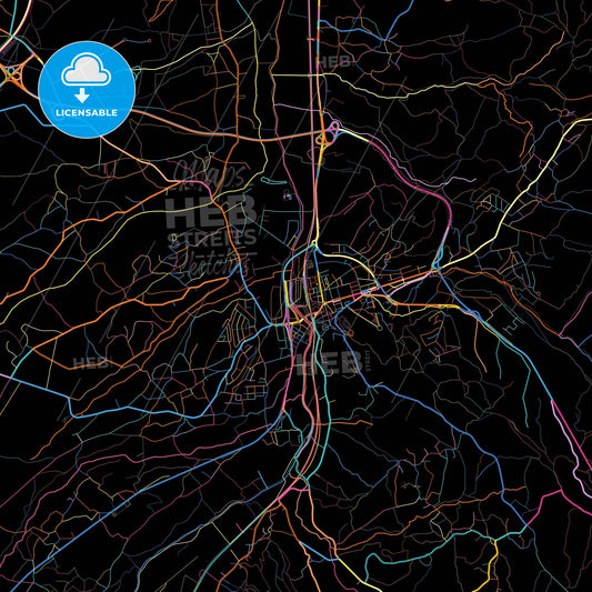 Pombal, Leiria, Portugal, colorful city map on black background