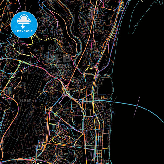 Sacavém, Lisbon, Portugal, colorful city map on black background