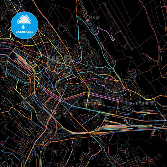 Iași, Iași, Romania, colorful city map on black background