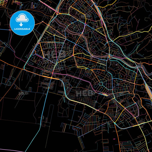 Oradea, Bihor, Romania, colorful city map on black background