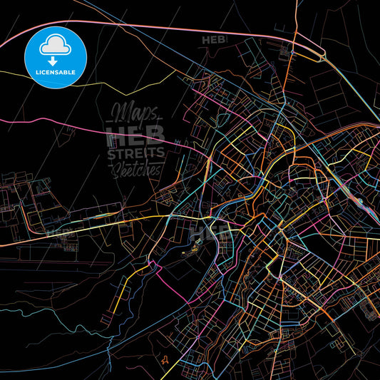 Sibiu, Sibiu, Romania, colorful city map on black background