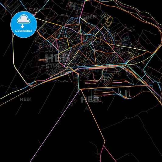 Buzău, Buzău, Romania, colorful city map on black background