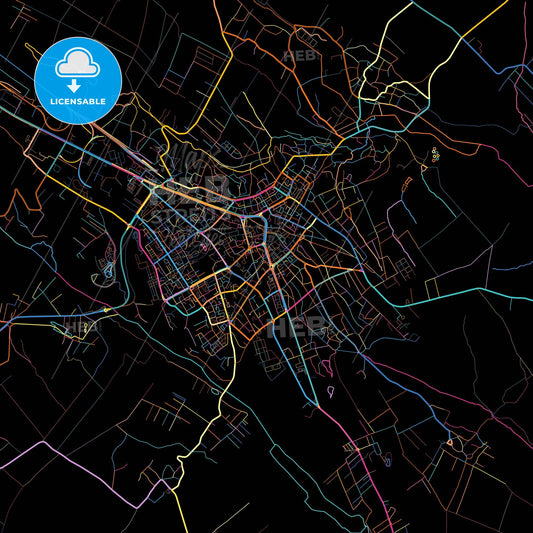 Botoșani, Botoșani, Romania, colorful city map on black background