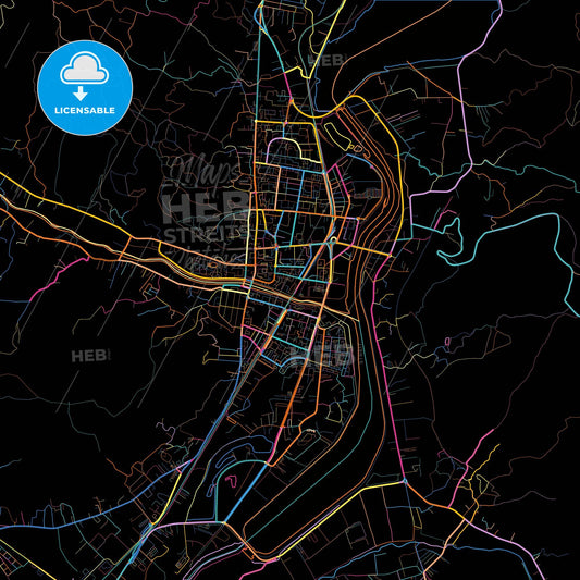 Râmnicu Vâlcea, Vâlcea, Romania, colorful city map on black background