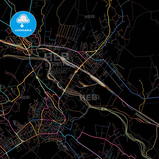 Suceava, Suceava, Romania, colorful city map on black background