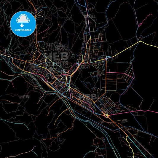 Piatra Neamț, Neamț, Romania, colorful city map on black background