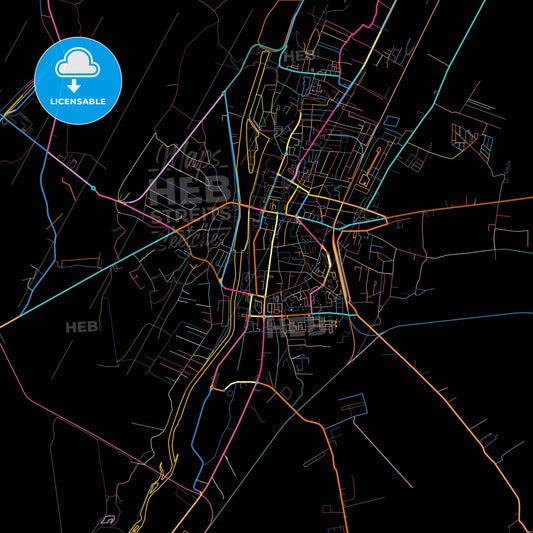 Târgu Jiu, Gorj, Romania, colorful city map on black background