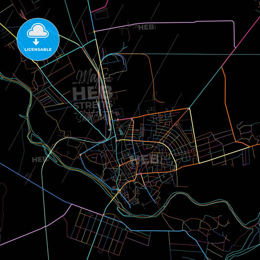Roman, Neamț, Romania, colorful city map on black background