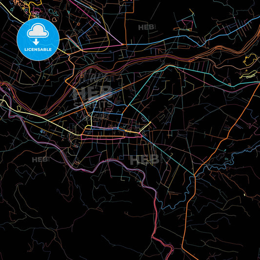 Sighetu Marmației, Maramureș, Romania, colorful city map on black background