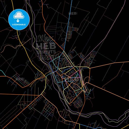 Râmnicu Sărat, Buzău, Romania, colorful city map on black background