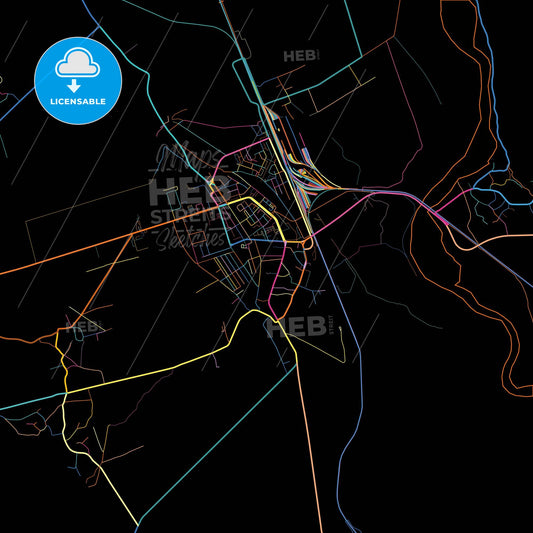 Pașcani, Iași, Romania, colorful city map on black background