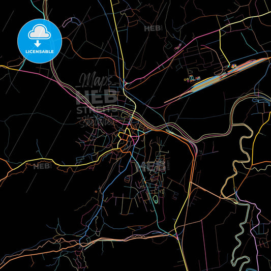Dej, Cluj, Romania, colorful city map on black background