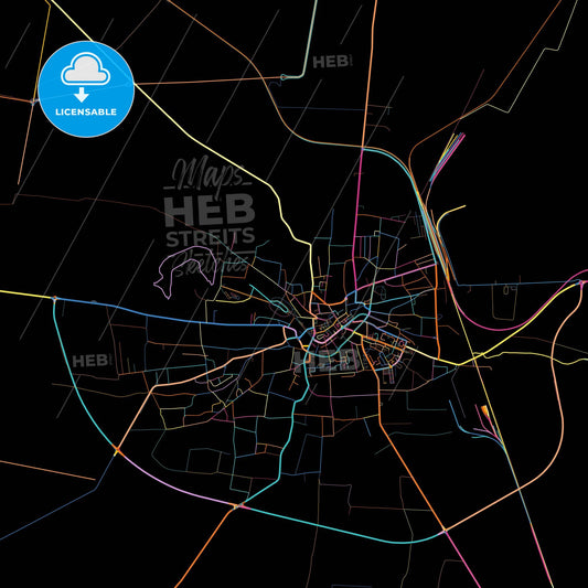 Caracal, Olt, Romania, colorful city map on black background