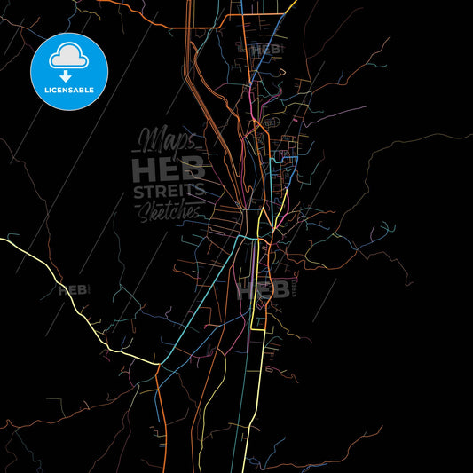 Curtea de Argeș, Argeș, Romania, colorful city map on black background