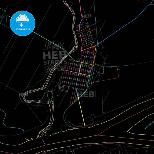 Oltenița, Călărași, Romania, colorful city map on black background