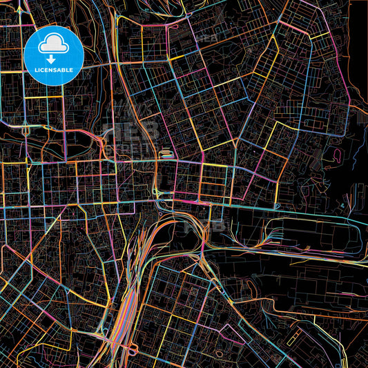Chelyabinsk, Chelyabinsk Oblast, Russia, colorful city map on black background