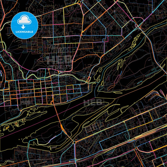 Krasnoyarsk, Krasnoyarsk Krai, Russia, colorful city map on black background