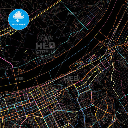 Perm, Perm Krai, Russia, colorful city map on black background