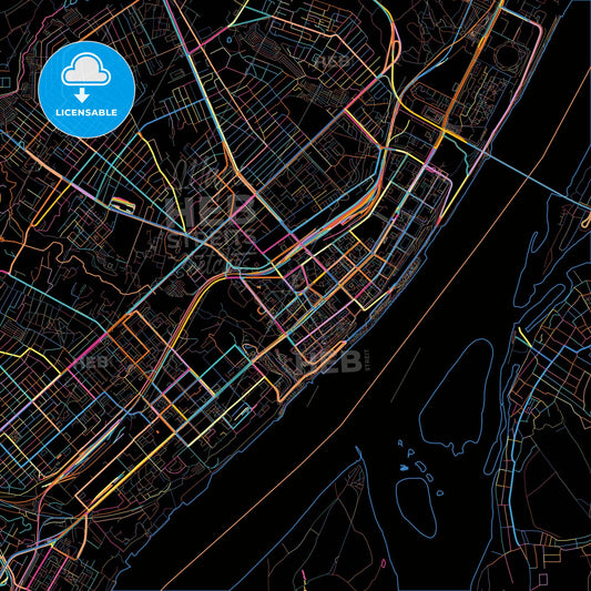 Volgograd, Volgograd Oblast, Russia, colorful city map on black background