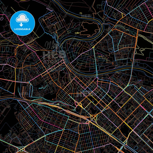 Tyumen, Tyumen Oblast, Russia, colorful city map on black background