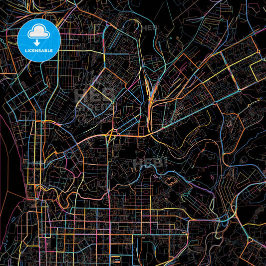 Tomsk, Tomsk Oblast, Russia, colorful city map on black background