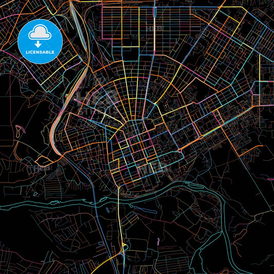 Orenburg, Orenburg Oblast, Russia, colorful city map on black background