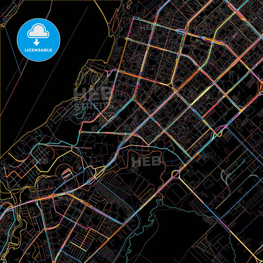 Naberezhnye Chelny, Republic of Tatarstan, Russia, colorful city map on black background