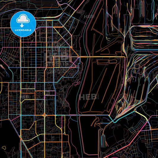 Magnitogorsk, Chelyabinsk Oblast, Russia, colorful city map on black background