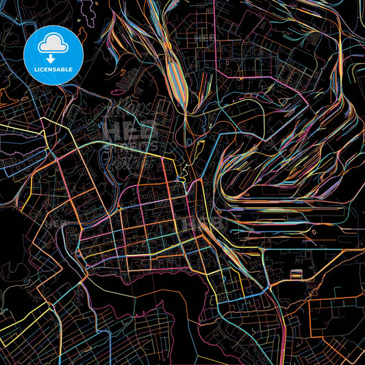 Nizhny Tagil, Sverdlovsk Oblast, Russia, colorful city map on black background