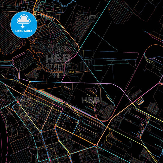 Volzhsky, Volgograd Oblast, Russia, colorful city map on black background
