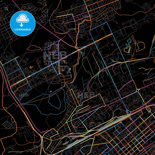 Kurgan, Kurgan Oblast, Russia, colorful city map on black background