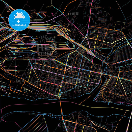 Cherepovets, Vologda Oblast, Russia, colorful city map on black background