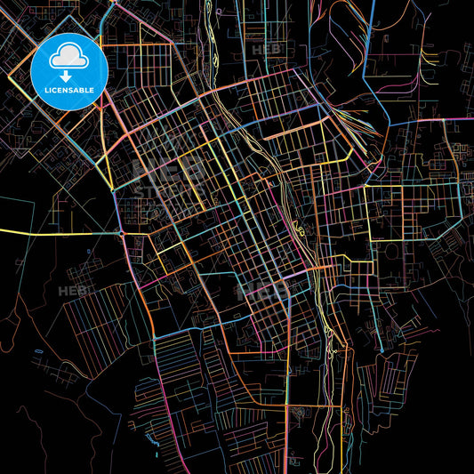 Vladikavkaz, Republic of North Ossetia-Alania, Russia, colorful city map on black background