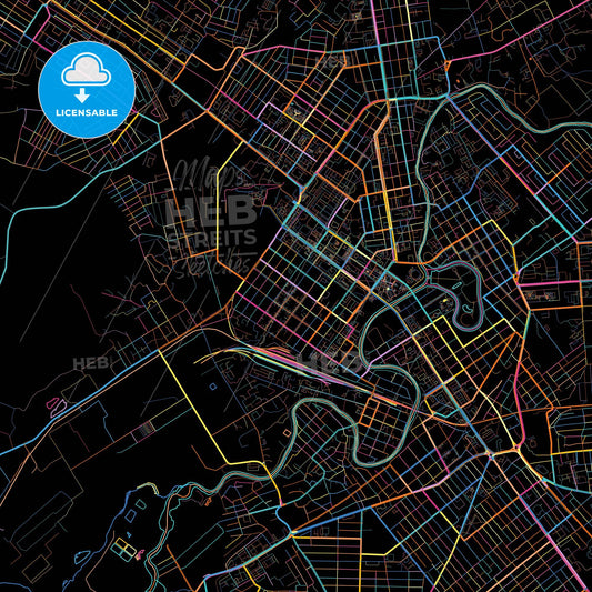 Grozny, Chechen Republic, Russia, colorful city map on black background