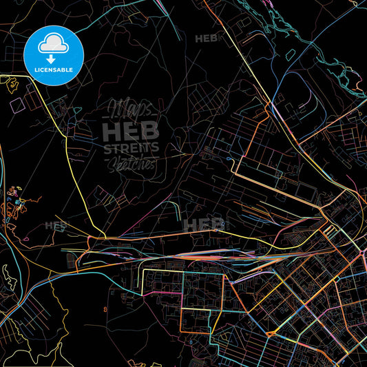 Komsomolsk-on-Amur, Khabarovsk Krai, Russia, colorful city map on black background