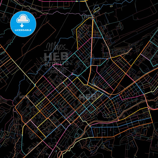 Nalchik, Kabardino-Balkar Republic, Russia, colorful city map on black background
