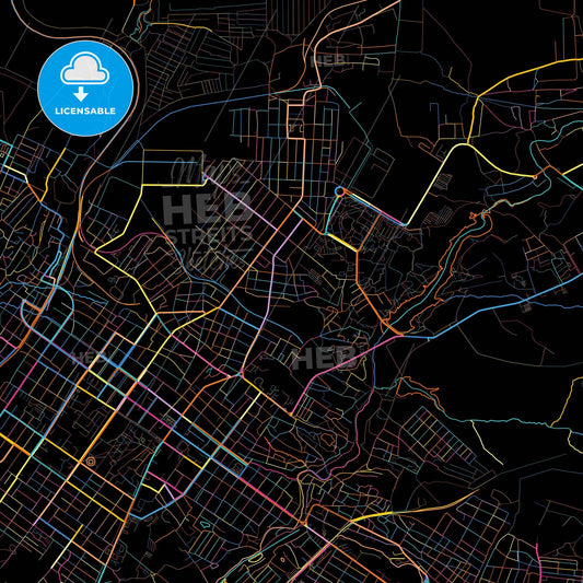 Shakhty, Rostov Oblast, Russia, colorful city map on black background