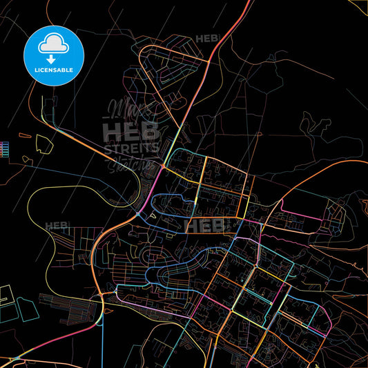 Bratsk, Irkutsk Oblast, Russia, colorful city map on black background
