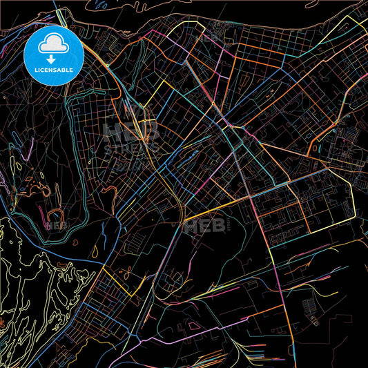 Engels, Saratov Oblast, Russia, colorful city map on black background
