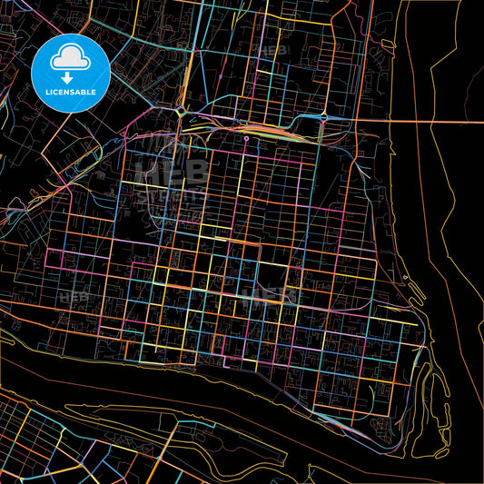 Blagoveshchensk, Amur Oblast, Russia, colorful city map on black background