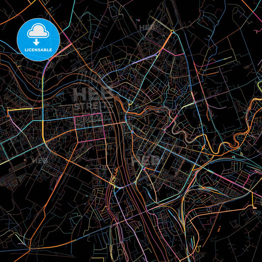 Pskov, Pskov Oblast, Russia, colorful city map on black background