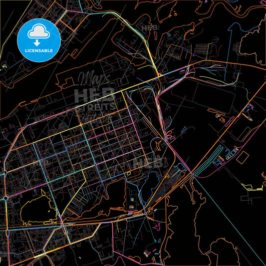 Severodvinsk, Arkhangelsk Oblast, Russia, colorful city map on black background