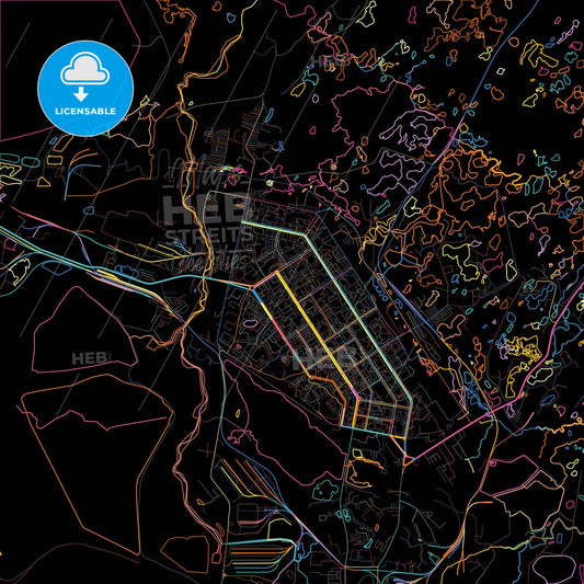 Norilsk, Krasnoyarsk Krai, Russia, colorful city map on black background