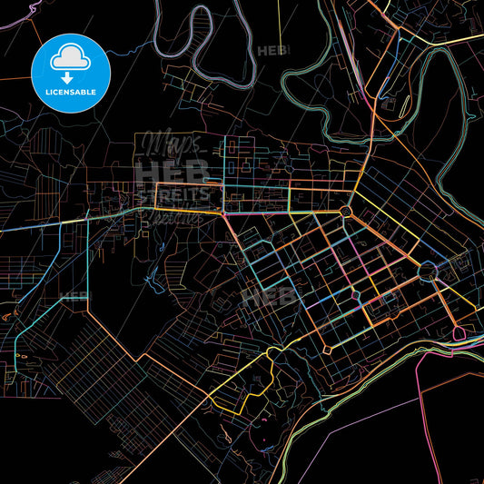 Novocherkassk, Rostov Oblast, Russia, colorful city map on black background