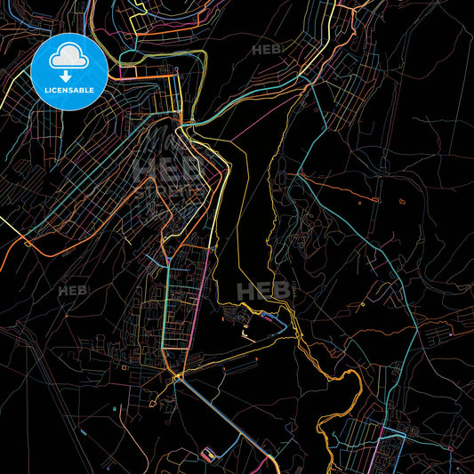 Zlatoust, Chelyabinsk Oblast, Russia, colorful city map on black background