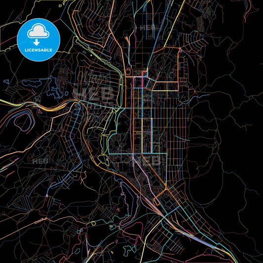 Miass, Chelyabinsk Oblast, Russia, colorful city map on black background