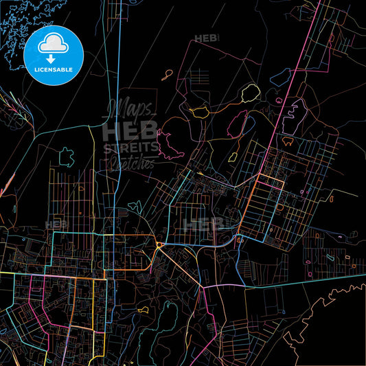 Kopeysk, Chelyabinsk Oblast, Russia, colorful city map on black background