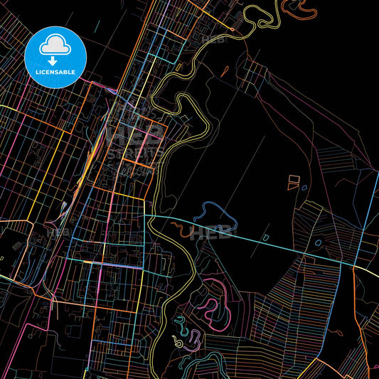 Rubtsovsk, Altai Krai, Russia, colorful city map on black background