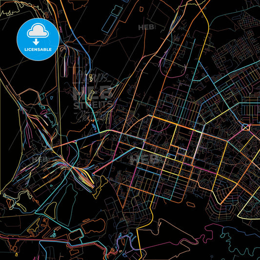 Berezniki, Perm Krai, Russia, colorful city map on black background