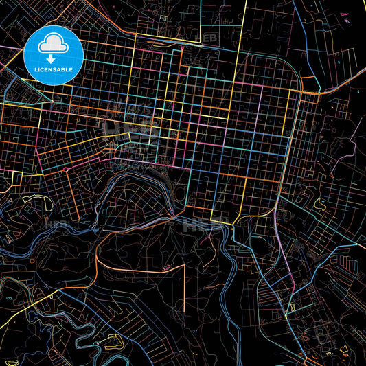 Maykop, Republic of Adygea, Russia, colorful city map on black background